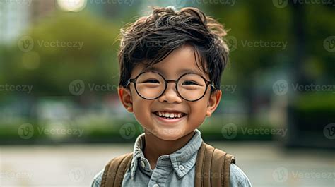 Happy Satisfied Asian Boy Wearing Glasses Portrait Outside Generative