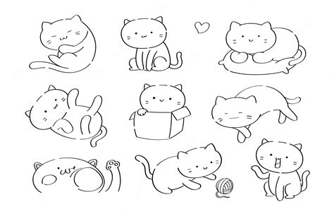 Premium Vector Cute Cat Various Actions Drawing In Doodle Line Art