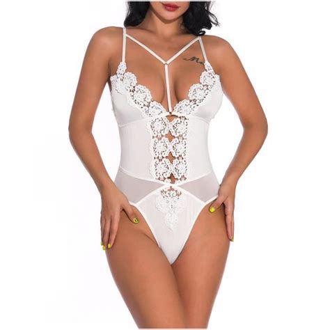 Sasaquoy Lingerie Sexy Pyjama Sexy Transparent En Maille Profonde En V Une Pi Ce Bretelles