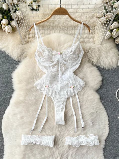 Elegant White Lace Bridal Lingerie Set With Garters On Luulla