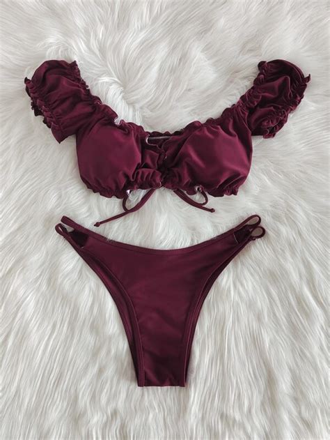 SHEIN Swim Mod Mono Bikini Set Lace Up Frill Trim Wireless Bra Top Cheeky Bikini Bottom 2