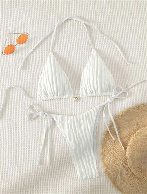 Sexy White Bikini Women Halter Lace Push Up Metal Designer Micro Swimsuit Brazilian Bathing