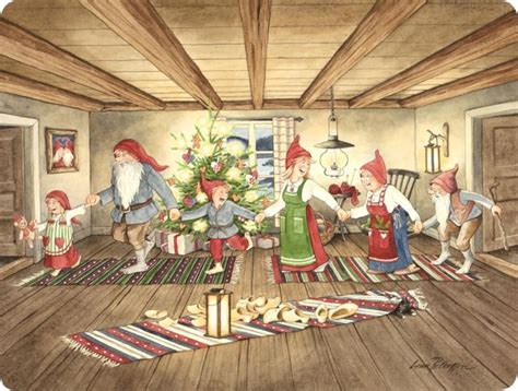 A Painting Of Gnomes Around A Christmas Tree