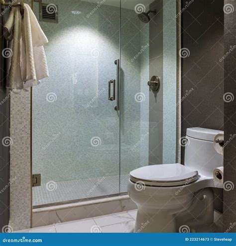 Modern Hotel Bathroom with Glass Wall Shower and Toilet Stock Image