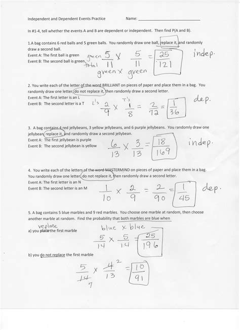 Independent And Dependent Probability Worksheet With Answer Key 1