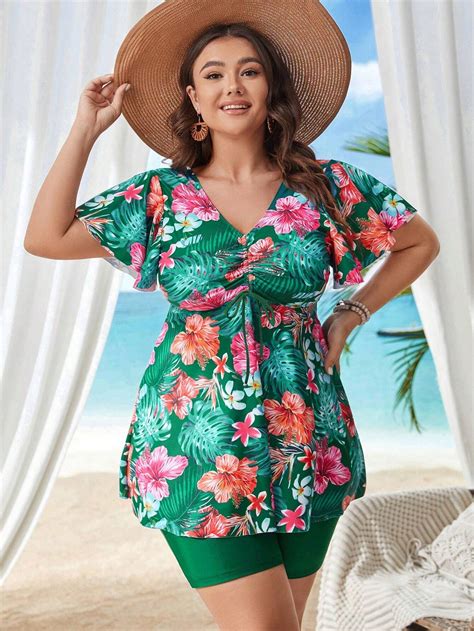 SHEIN Swim Lushore Summer Beach Plus Size Tropical Print Flare Sleeve Top And Shorts Bikini Set