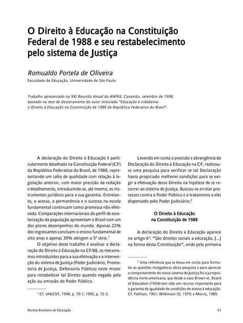 Pdf O Direito à Educação Na Constituição Federal De 1988 E Seu