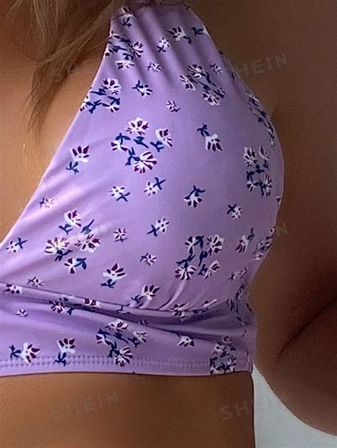 Shein Swim Ditsy Floral Print Bikini Set Halter Wireless Bra Bikini Beach Skirt Piece