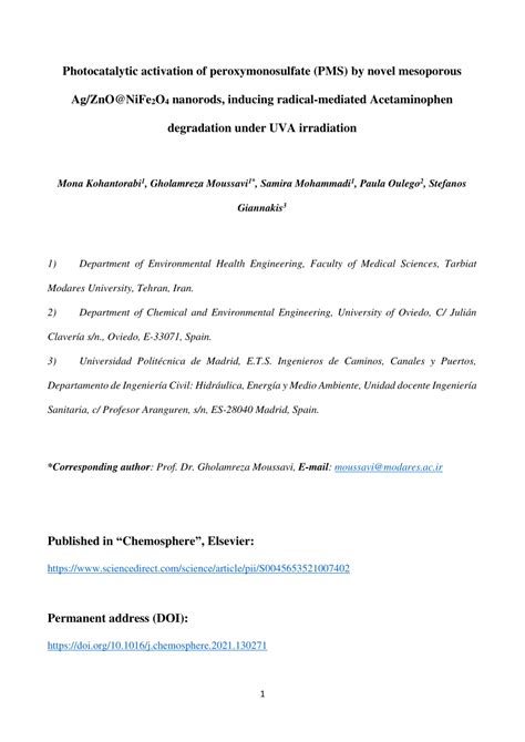 Pdf Photocatalytic Activation Of Peroxymonosulfate Pms By Novel