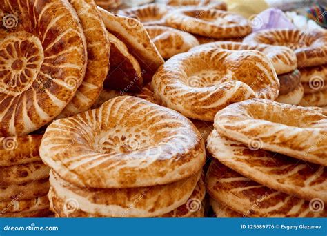 National Uzbek Bread Sold In The Market Samarkand Uzbekistan Stock