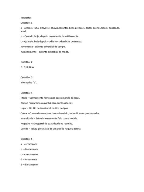 Como Se Escreve Respostas - Respostas de Exercícios: Adjuntos Adverbiais | PDF