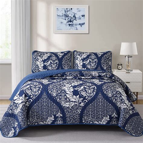 Djy Navy Quilt Set King Size Boho Damask Bedspread Coverlet Set Soft