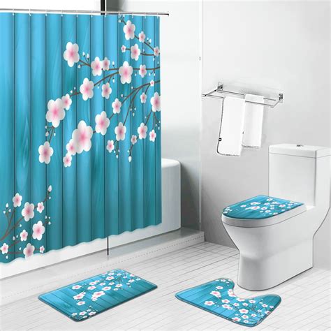 Pink Flowers Shower Curtain Spring Scenery Bathroom Decor Set Non Slip