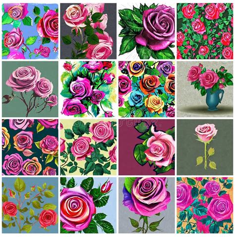 Collection Of 16 Colorful Painted Red And Pink Rose Stock Illustration