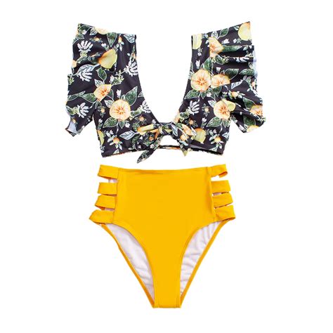 Women Ruffle High Waist Swimsuit Two Pieces Push Up Tropical Print Bikini Floral Beachwear V
