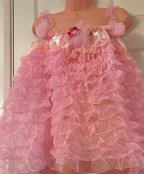 Sissy Baby Doll Nighty Cami Top Shiny Pink Raffle Soft Organza Men S Lingerie Cosplay Fancy