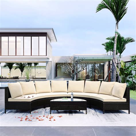 5 Pieces Half Moon Outdoor Sectional Sofa Set Patio All Weather Pe Wicker Furniture With