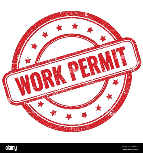 Work Permit Text On Red Vintage Grungy Round Rubber Stamp Stock Photo