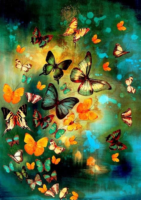 Lily Greenwood Signed Giclée Print Butterflies On Bluesgreens A2