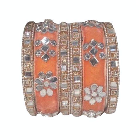 Peach Silk Thread Kundan Bangle Set For Party Wear Round At Rs