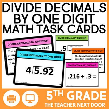 Th Grade Divide Decimals By One Digit Divisors Task Cards Math Center Game