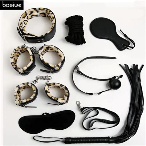 Adult Games Sex Bondage 8pcs Set Leather Handcuffs Gag Whip Mask Erotic Toy Fetish Adult Sex