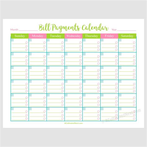 Printable Bill Payments Calendar- A Cultivated Nest