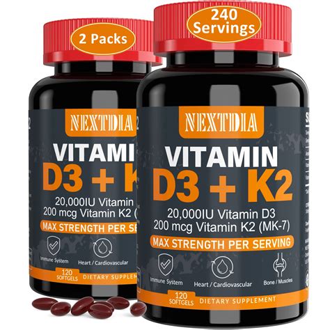 Vitamin D3 20 000 IU K2 200mcg Bone Immune Health Support 240