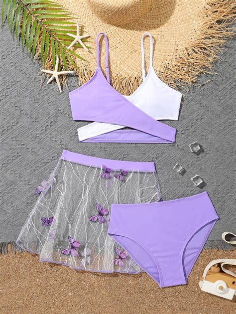Tween Girl Two Tone Wrap Cross Bikini Set Butterfly Print Beach Skirt Summer Beach Summer