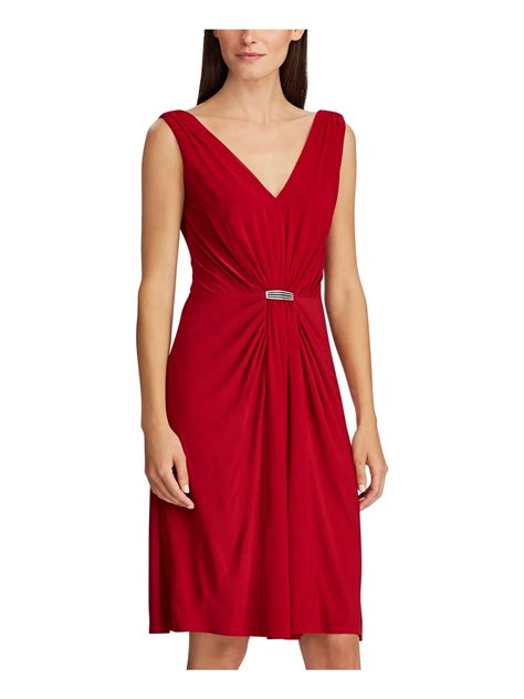 Ralph Lauren Womens Red Sleeveless Knee Length Sheath Evening Dress