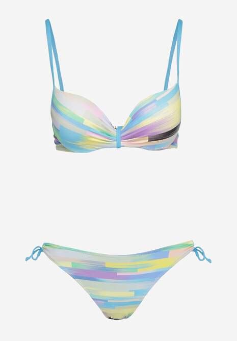 Niebieskie Dwuczęściowe Bikini Biustonosz na Regulowanych Ramiączkach i Majtki Wiązane po Bokach