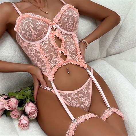 Sheer Pink Lingerie Set Frilled Lace Bralette Transparent High Waist