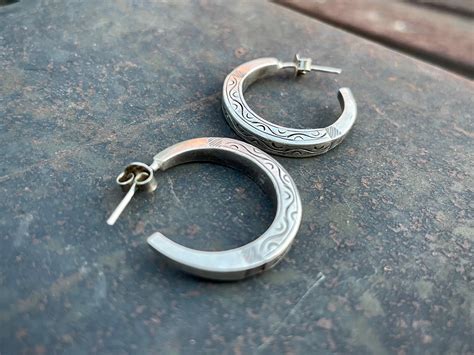 Vintage Tribal Hoop Earrings Of Thick Square Sterling Silver With