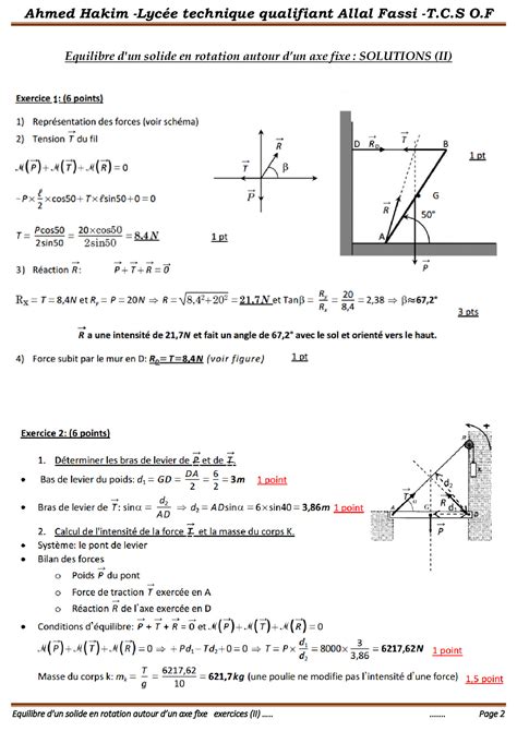 Équilibre Dun Solide En Rotation Autour Dun Axe Fixe Corrigé Série