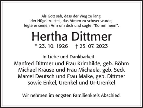 Traueranzeigen Von Hertha Dittmer Trauer Anzeigen De