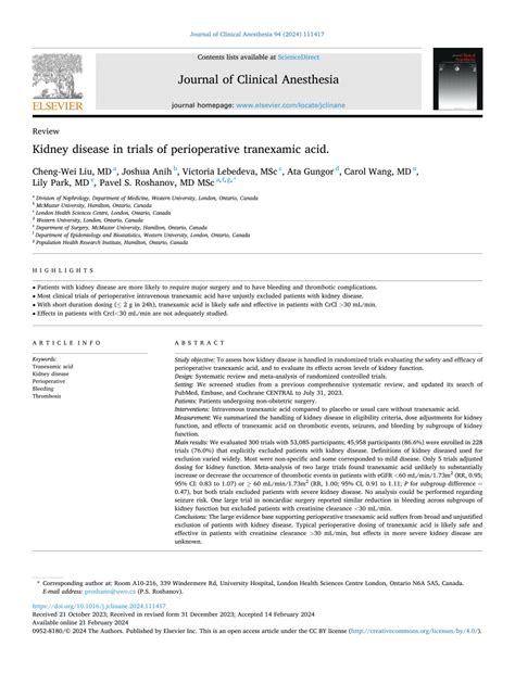 Pdf Kidney Disease In Trials Of Perioperative Tranexamic Acid