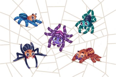 Premium Vector Spider On Web Cartoon Tarantula Characters Sitting On