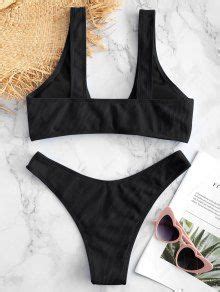 Tie Front Ribbed Bikini Set In Black Zaful