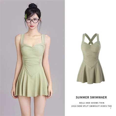 2024 New Korean Style Women S Sexy Slimming Conservative Beach Dress Bikini Summer Monochrome