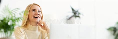 Happy Mature Woman Dreaming When Websurfing On Laptop Stock Image Image Of Cute Looking
