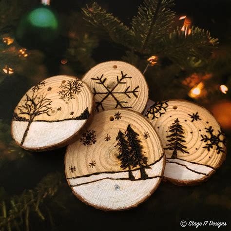 Wood Burned Log Slice Christmas Tree Decoration 4 Pcs Etsy Canada