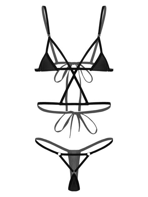 Agoky Women Sexy Two Pieces Lace Up Mini Brazilian Bikini Swimsuit Set Bra Top With G String