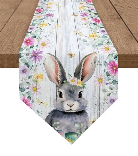 Easter Spring Flowers Bunny Wood Grain Table Runner Wedding Party Dining Table Runner Placemat