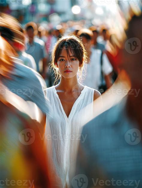 Young woman walks through bustling city in white dress 68489656 Stock