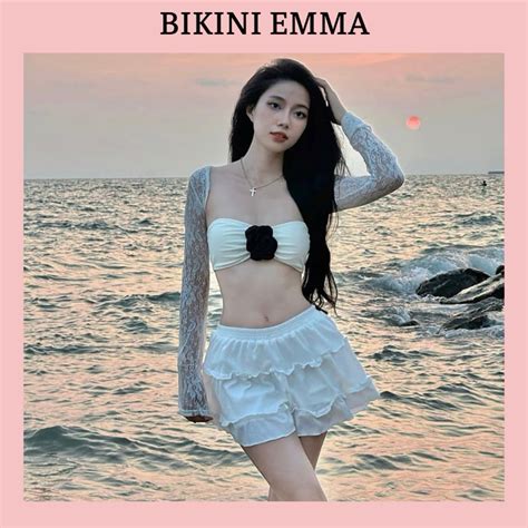 Set Đi Biển Bikini Đi Biển EMMA 4 Món Kín Đáo Gồm Áo Quây Áo Khoác Ren Quần Con Chân Váy