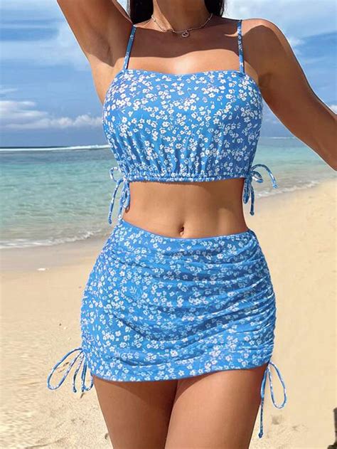 Shein Swim Mod Ditsy Floral Bikini Set Drawstring Side Cami Top