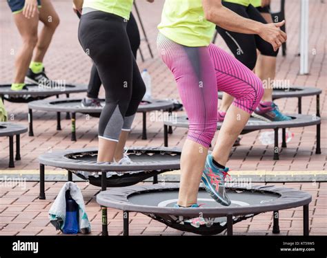 Trampoline Aerobics Class Outdoors In Spain Stock Photo Alamy