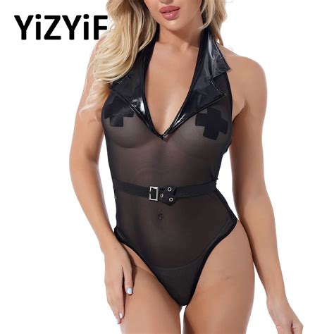 Erotic Bodysuit Sexy Sheer Mesh Patchwork Teddy Lingerie Femme Black Wetlook Pvc Latex Lapel