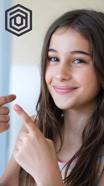Attractive Smiling Brunette Girl Pointing Fingers Upper Left Corner Showing Logo Premium Ai