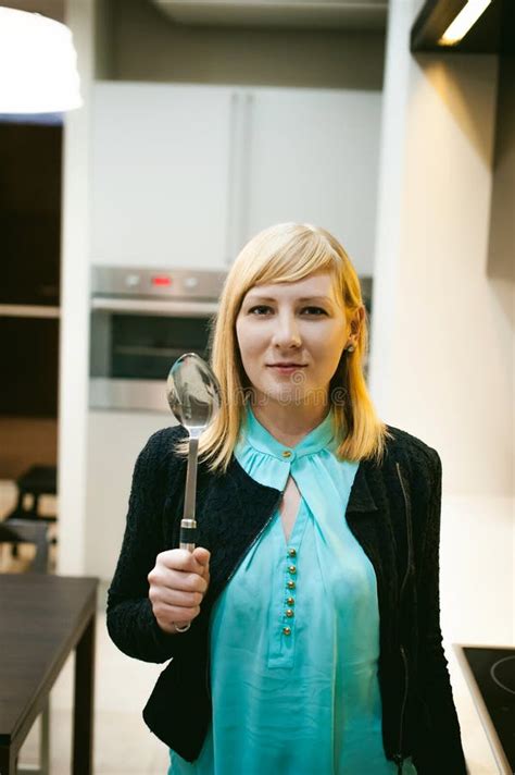 Blonde Woman In The Kitchen Stock Photo Image Of Female Girl